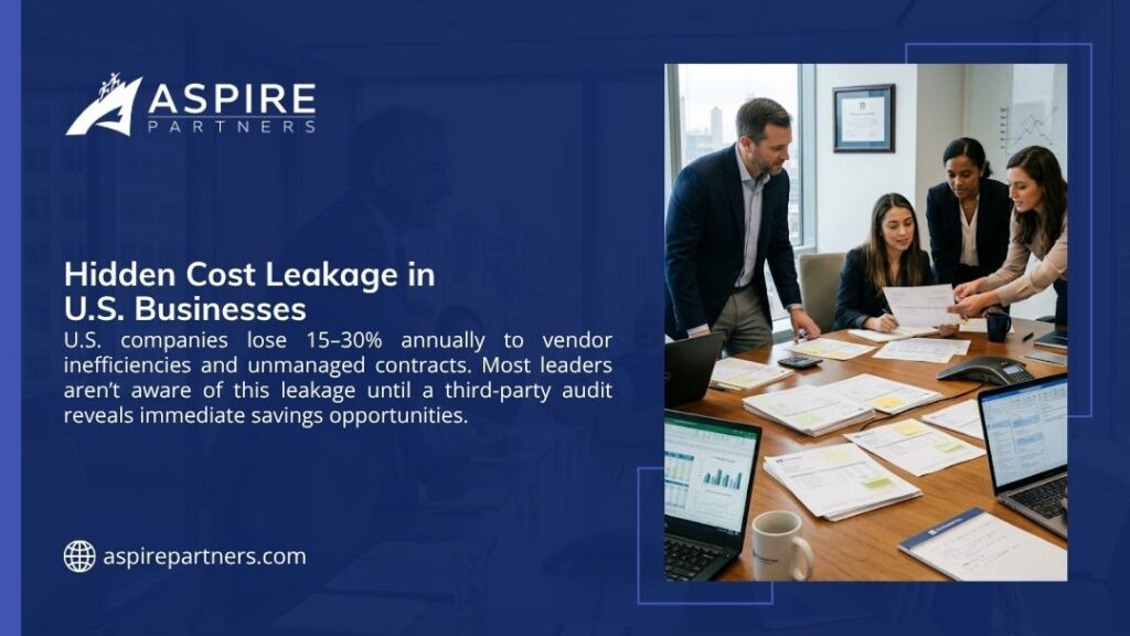 Business team reviewing documents in a meeting room, uncovering hidden cost leakage from vendor inefficiencies that cost U.S. companies 15–30% annually.