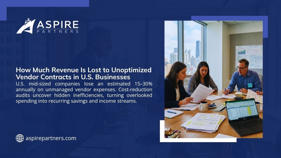 Business team reviewing financial documents in a meeting, highlighting revenue lost to unoptimized vendor contracts costing U.S. companies 15–30% annually.