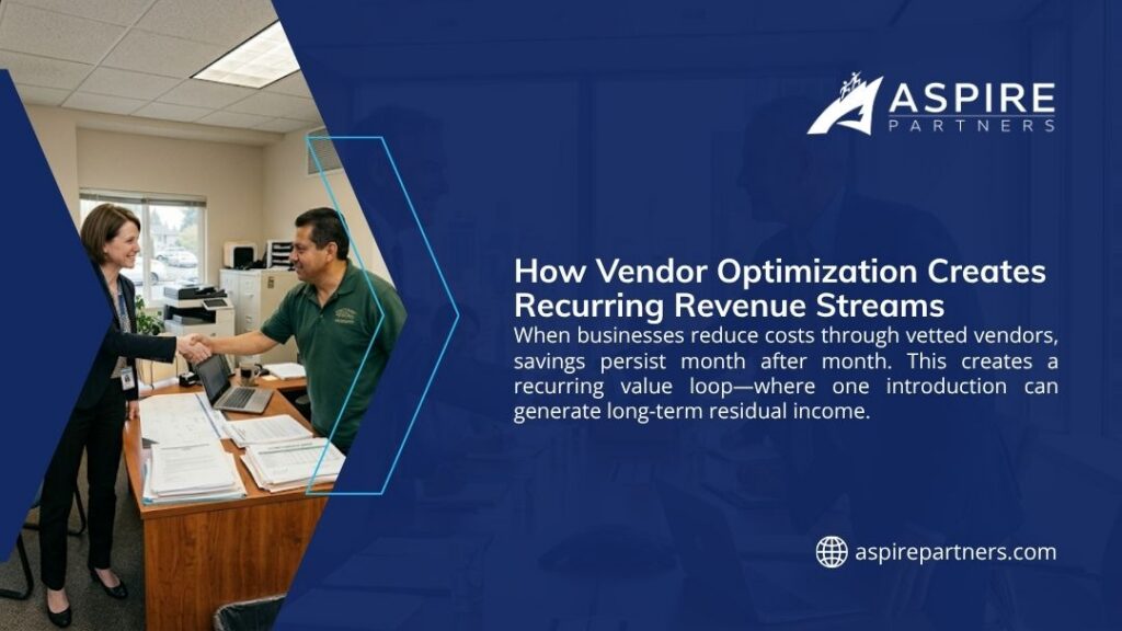 Two professionals shaking hands in an office, symbolizing how vendor optimization creates recurring revenue streams through long-term cost-saving partnerships.