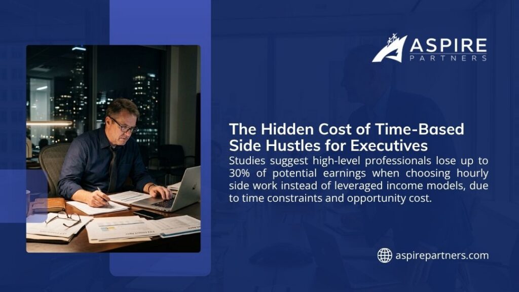 Executive working late at night on a laptop showing the hidden cost of time-based side hustles and lost earnings from hourly work.