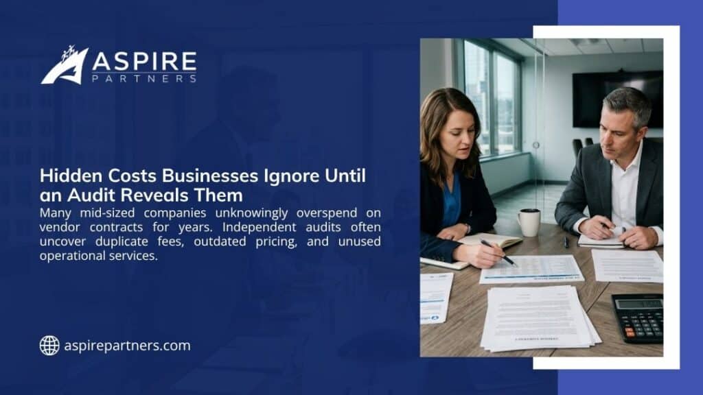 Aspire Partners infographic "Hidden Costs Businesses Ignore Until an Audit Reveals Them" with text on vendor contracts and a photo of two professionals reviewing documents at a conference table.