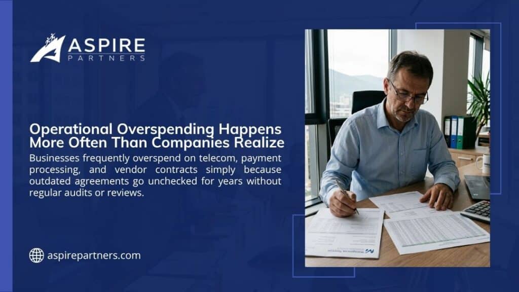 Aspire Partners infographic "Operational Overspending Happens More Often Than Companies Realize" with text on vendor contracts and a photo of a man in blue shirt reviewing financial documents at his desk.