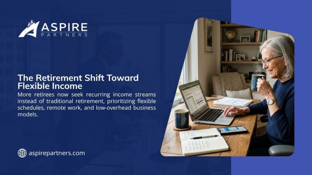 Older woman working on a laptop at a home desk with coffee, representing the retirement shift toward flexible income through remote and low-overhead business models.