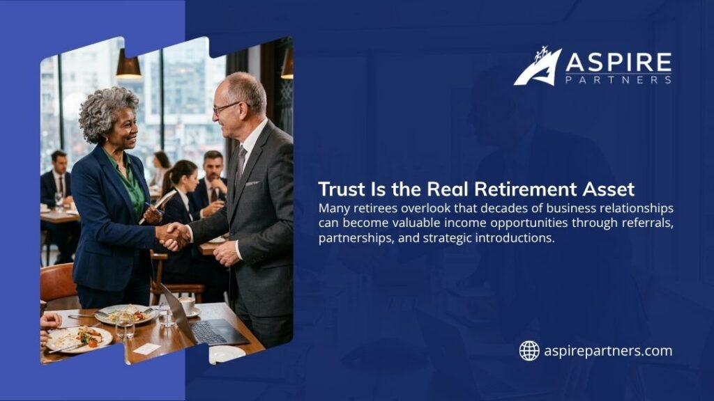 Aspire Partners graphic "Trust Is the Real Retirement Asset" showing a smiling woman with gray curly hair shaking hands with a suited man at a professional business meeting.
