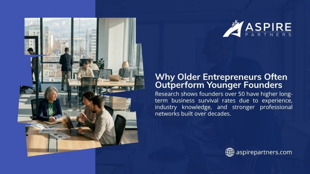Aspire Partners infographic "Why Older Entrepreneurs Often Outperform Younger Founders" showing diverse professionals collaborating in a modern office meeting, highlighting experience and networks.
