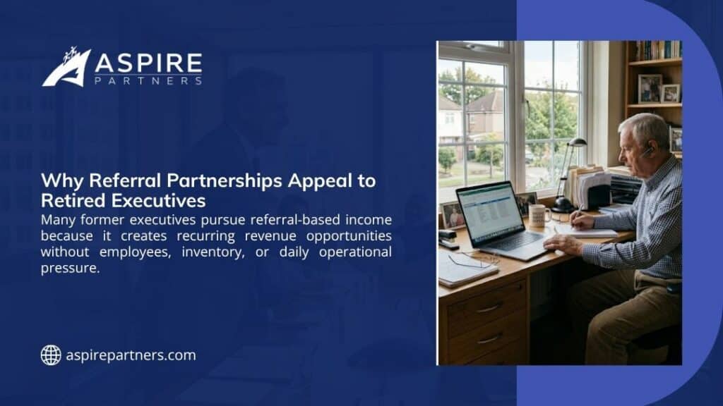 Aspire Partners infographic "Why Referral Partnerships Appeal to Retired Executives" with text on low-pressure income and a photo of a retired executive working at a home office desk with laptop.