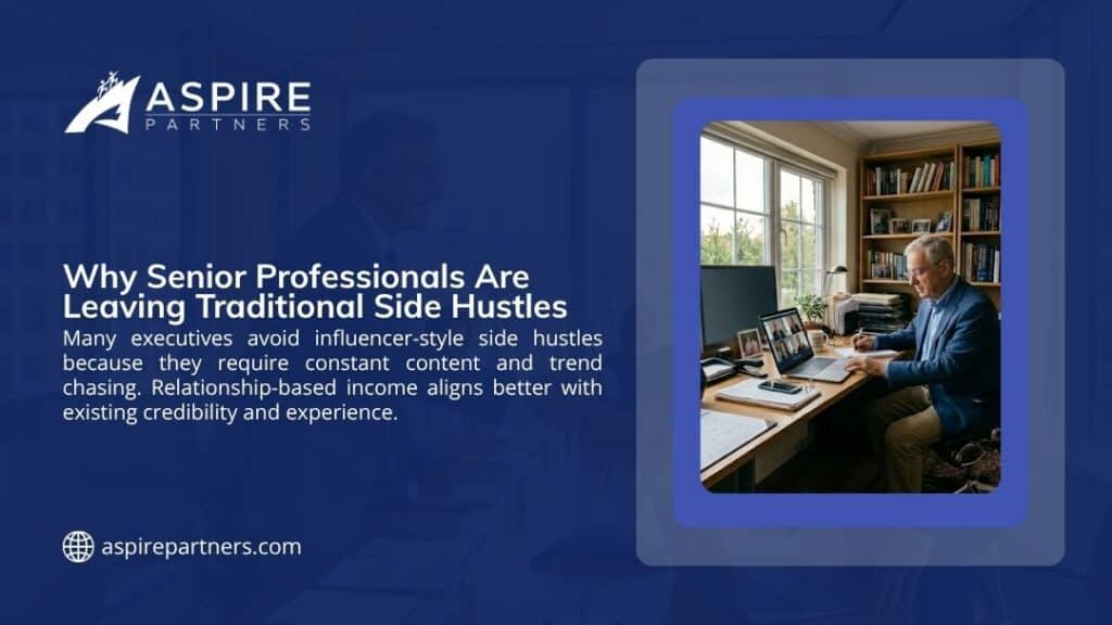 Aspire Partners infographic "Why Senior Professionals Are Leaving Traditional Side Hustles" showing a senior executive working at a home office desk with laptop and notes.