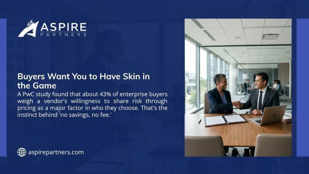 Two professionals shaking hands across a desk in a glass-walled office, illustrating how buyers value vendor risk sharing and skin in the game.