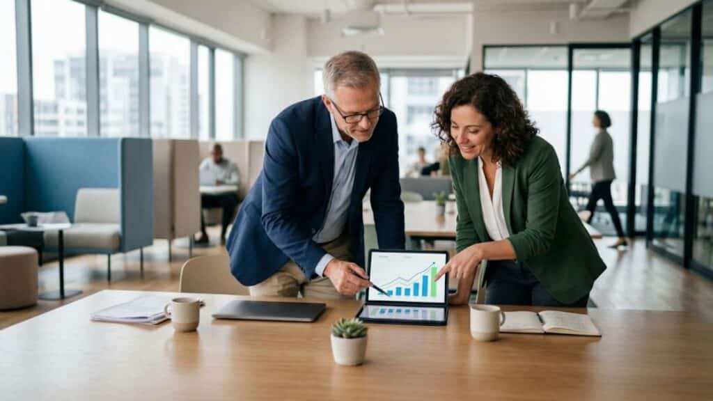 Two consultants reviewing a tablet showing a rising growth chart in a modern office, illustrating how performance-based consulting works