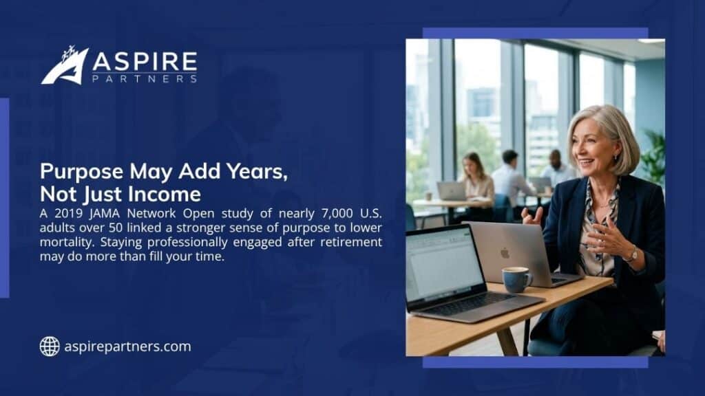 Smiling older woman engaged at work with a laptop in a modern office, showing how purpose after retirement may add years, not just income.