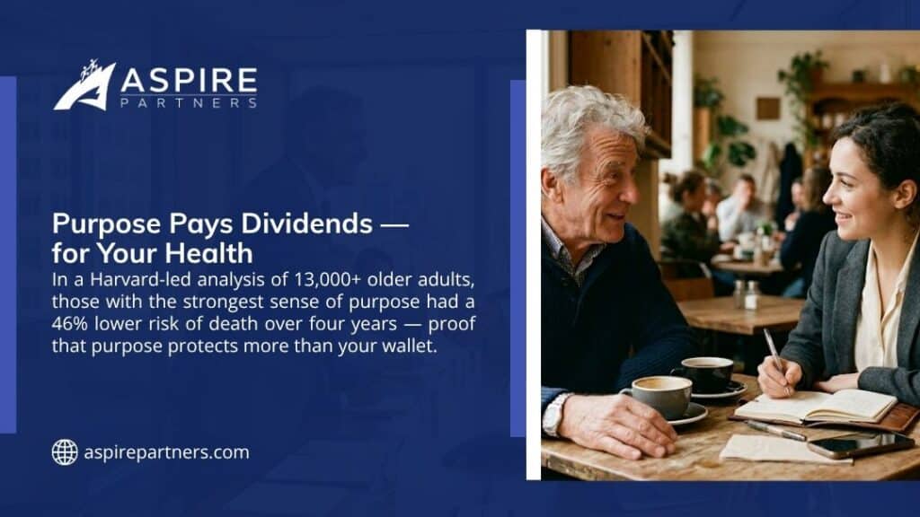 Older man and younger woman talking over coffee in a cafe, illustrating how a strong sense of purpose lowers health risk for older adults.