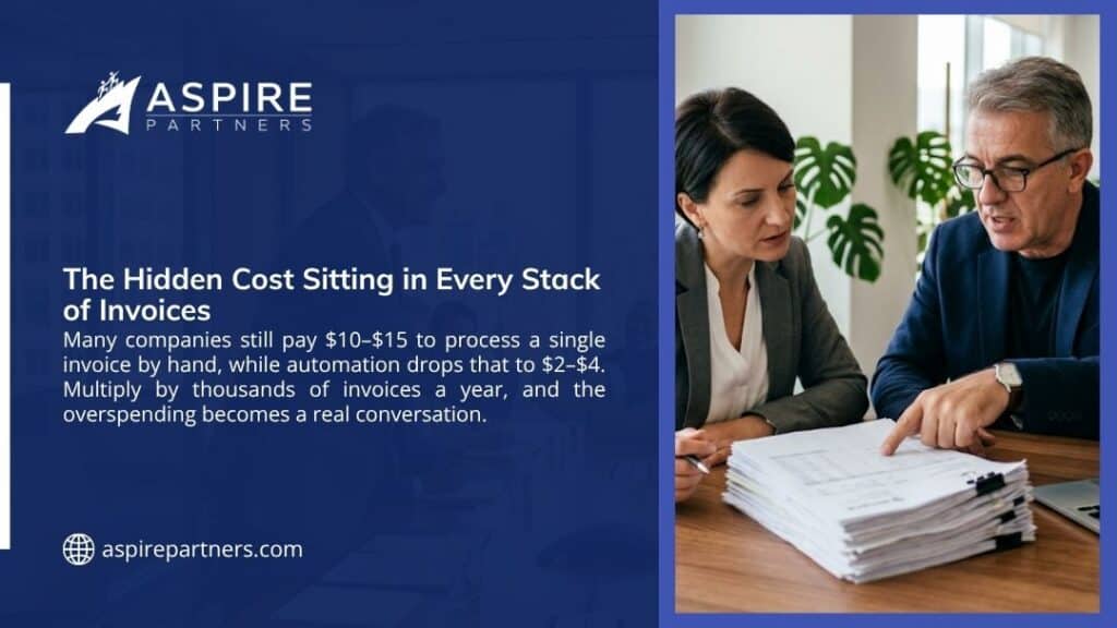 Turn Your Business Contacts Into Income
- Two professionals reviewing a large stack of paper invoices in an office, illustrating the hidden cost of manual invoice processing.