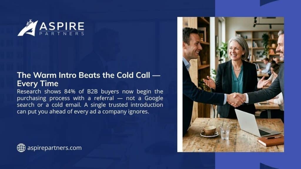 Business professionals shaking hands and smiling in an office, illustrating how a warm introduction referral beats a cold call in B2B sales.