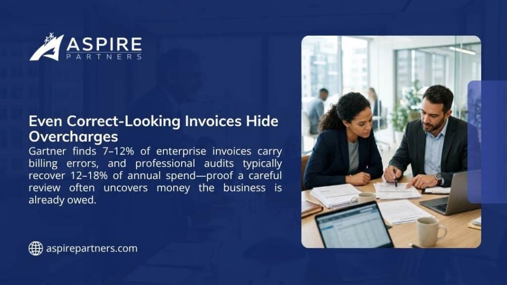 Aspire Partners graphic on how invoices hide overcharges, citing Gartner's 7–12% billing error rate and audit recoveries of 12–18% of annual spend, beside two colleagues reviewing invoices.