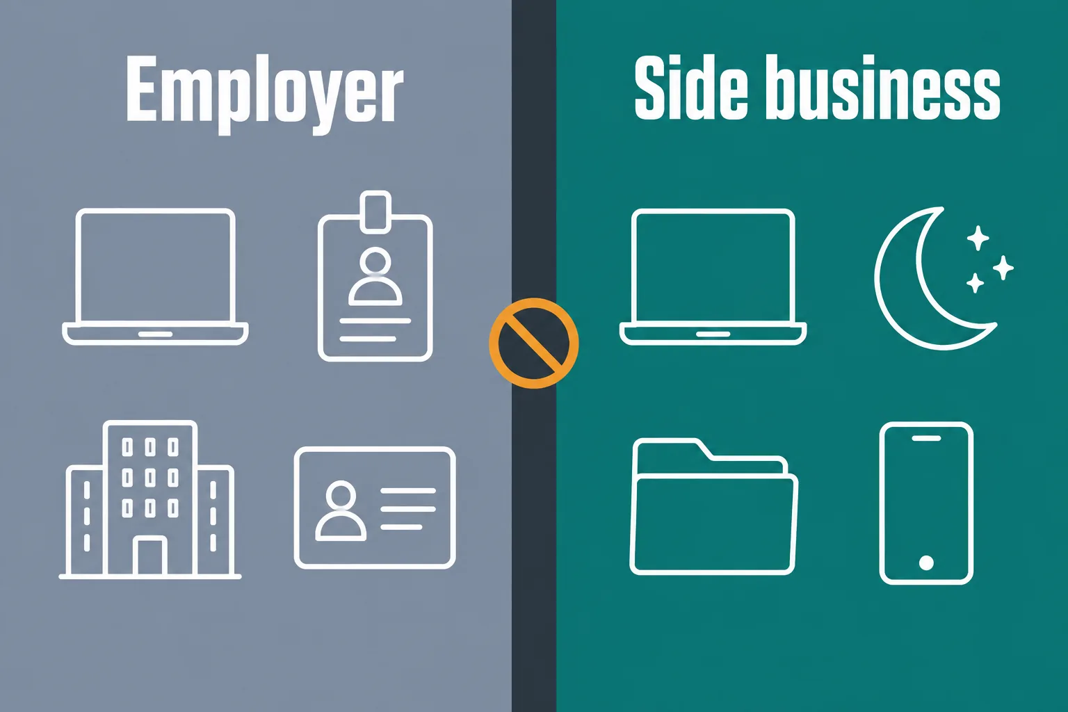 Split graphic separating employer devices, time, and contacts from the side business's personal devices, evening hours, and separate records